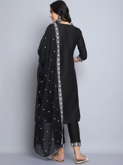 Women's Black Embroidery  silk  Kurta, Pant And Dupatta Set