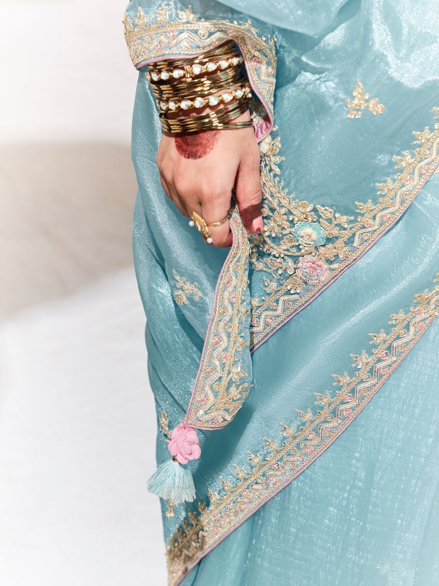 Dhiyona KM Women Sky Blue Silk Saree With Floral Blouse “ A Dreamy Ethnic Attire