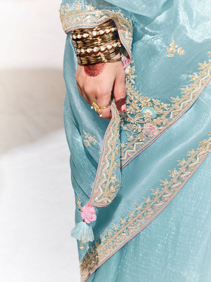 Dhiyona KM Women Sky Blue Silk Saree With Floral Blouse “ A Dreamy Ethnic Attire
