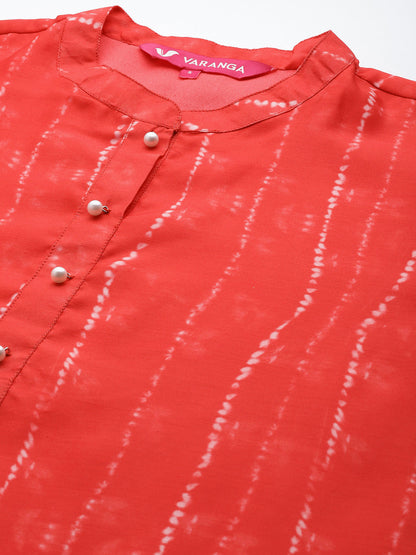 Dhiyona VR Women's Red Bandhani Printed Straight Kurta Paired With Contrast Solid Bottom And Printed Dupatta