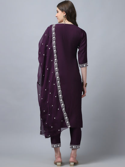 Women's Wine Embroidery  silk  Kurta, Pant And Dupatta Set