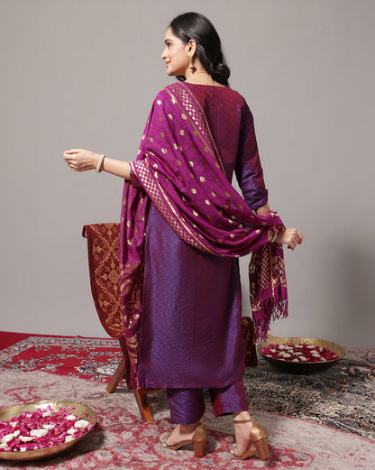 Dhiyona VR Women's Voilet Zari Embroidered Kurta With Three Quater Sleeves Paired With Tonal Bottom And Dupatta