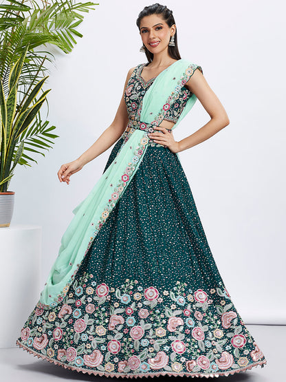 Women Green Pure Chiffon Sequins and thread embroidery  Lehenga choli & Dupatta