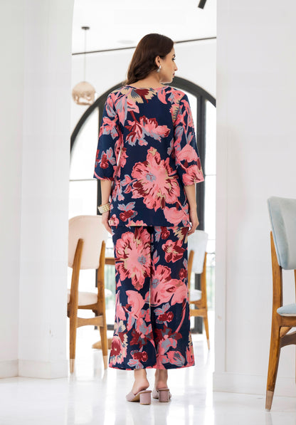 Women Red Printed Viscose Rayon Kurta And Pant Set