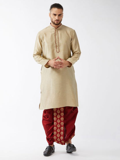 Men's Beige Silk Blend Straight Kurta and Dhoti Set