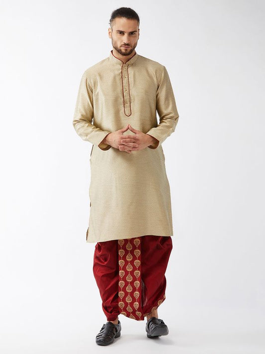 Men's Beige Silk Blend Straight Kurta and Dhoti Set
