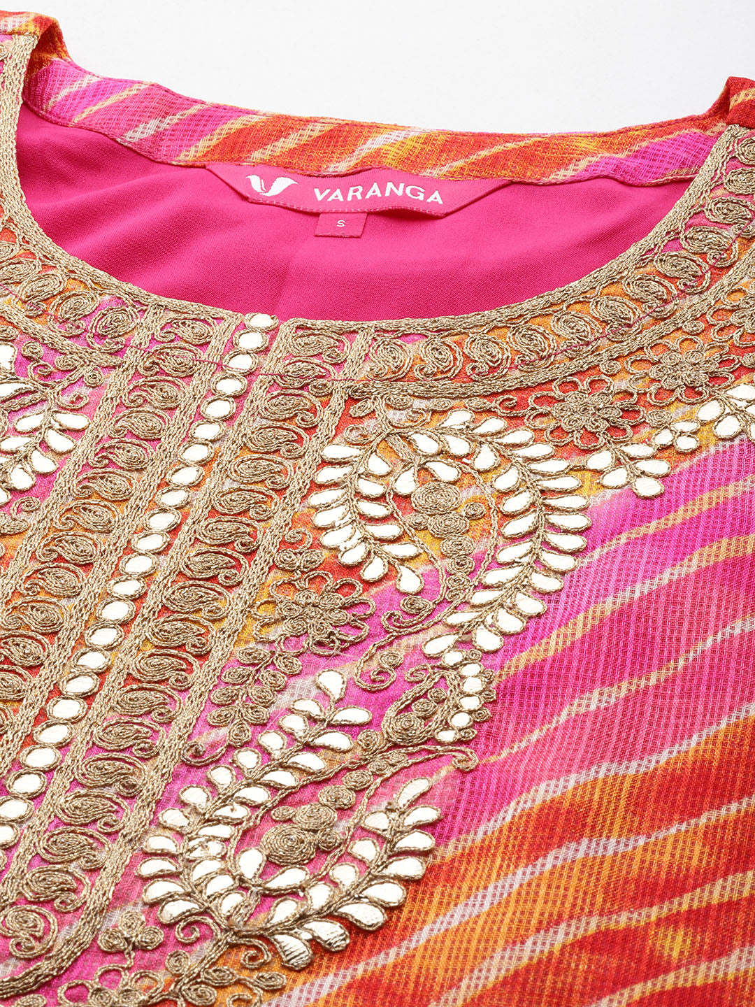 Dhiyona VR Women's Pink And Yellow Lehariya, Gota Embroidered Yoke Straight Kurta Paired With Tonal Bottom And Tonal Dupatta