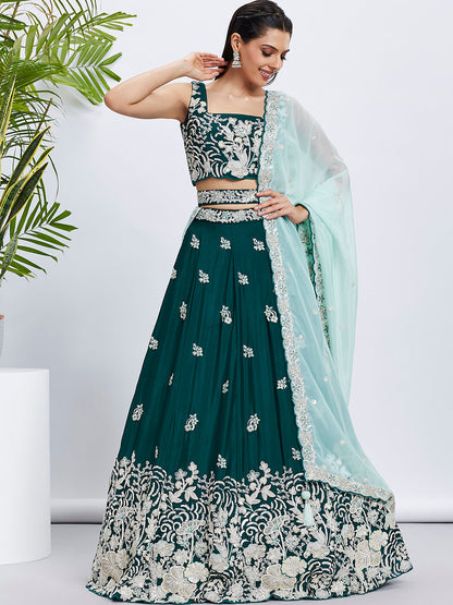 Women Green Pure Georgette Sequins and thread embroidery  Lehenga choli & Dupatta
