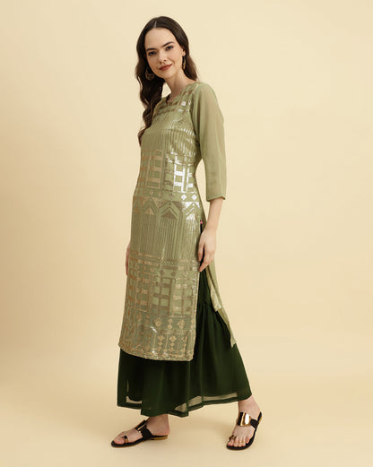 Dhiyona VR Women's Green Sequened Kurta With Sharara And Sequened Ombre Dupatta