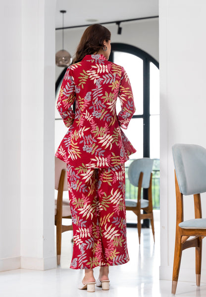 Women Red Printed Viscose Rayon Kurta And Pant Set