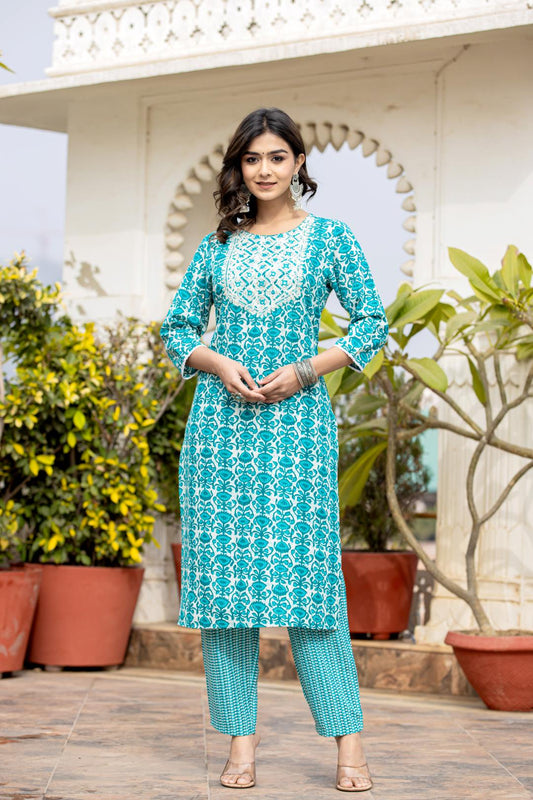 Dhiyona VR Women's Blue Printed Round Neck Yoke Embroidered Kurta Paired With Bottom And Dupatta
