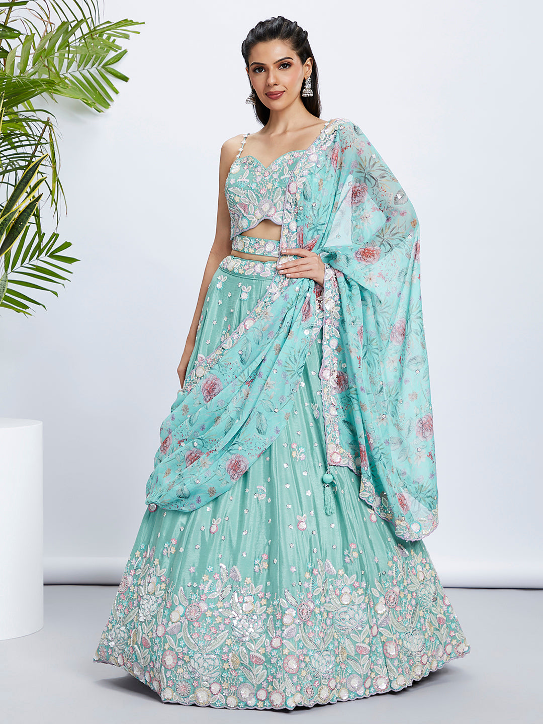 Women Sea green Chiffon Sequins and thread embroidery  Lehenga choli & Dupatta