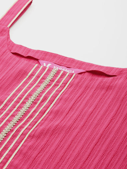 Dhiyona VR Women's Pink Round Neck, Spaghetti Strap Style Straight Kurta Paired With Tonal Bottom And Dupatta