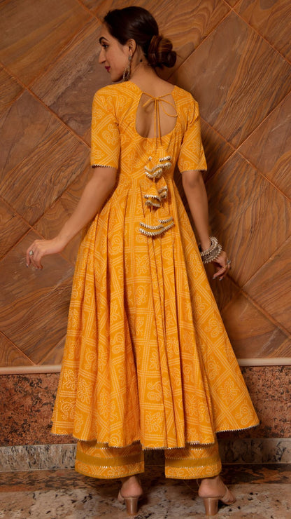Bandhej Yellow Cotton Anarkali Set