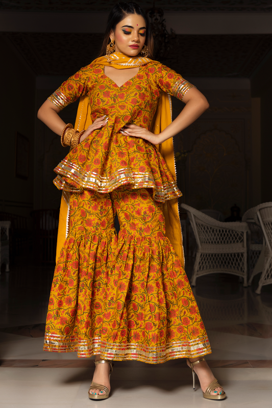 Darpan Mustard  Yellow Hand Block Cotton  Sharara Set