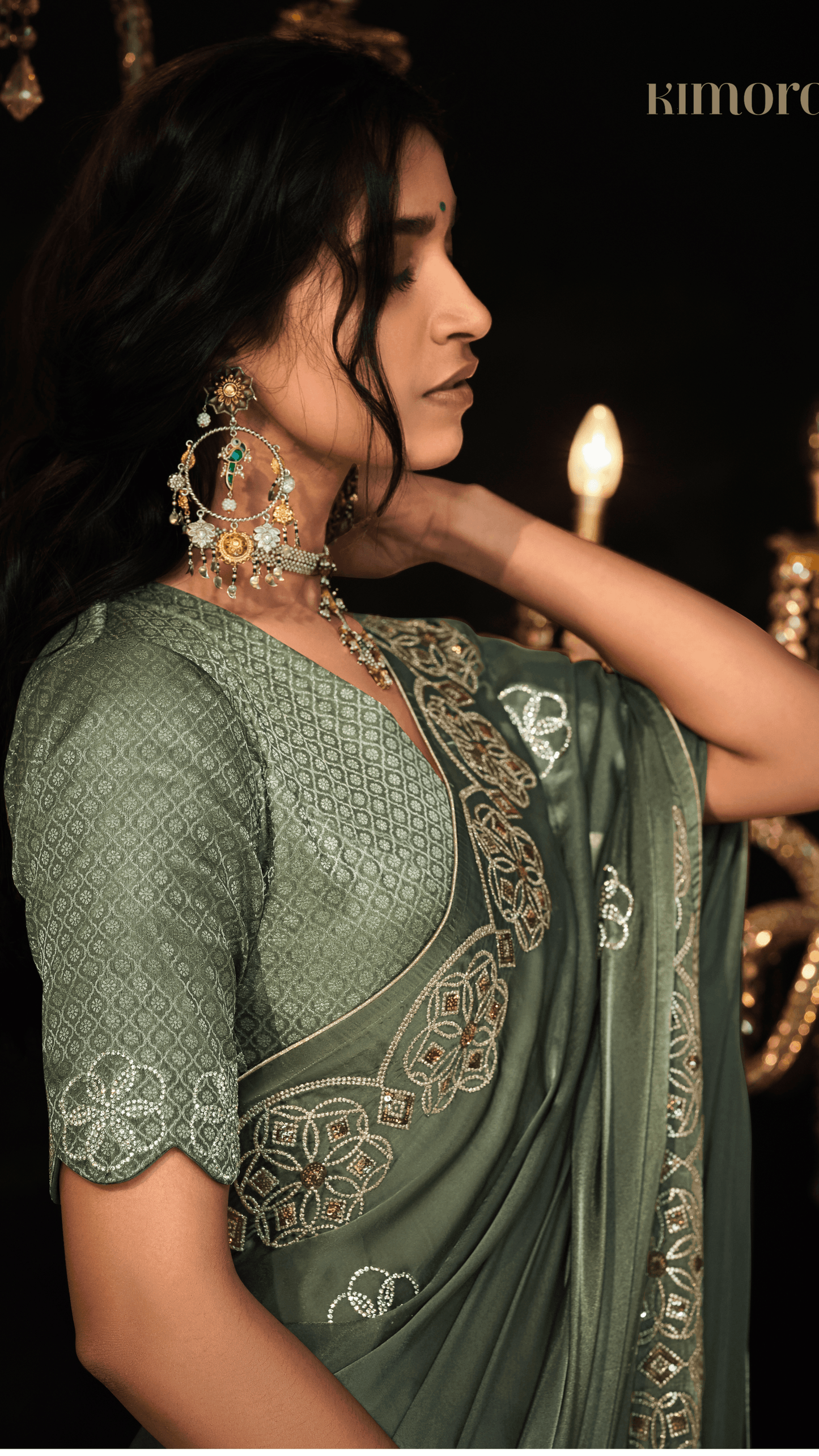 Dhiyona KM Women Olive Green Heavy Embroidered Designer Silk Saree