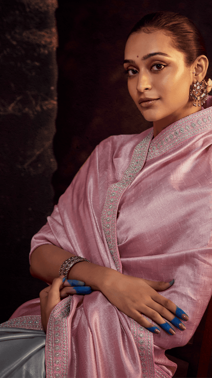Dhiyona KM Women Twilight Elegance “ Pink & Gray Kanjivaram Silk Saree