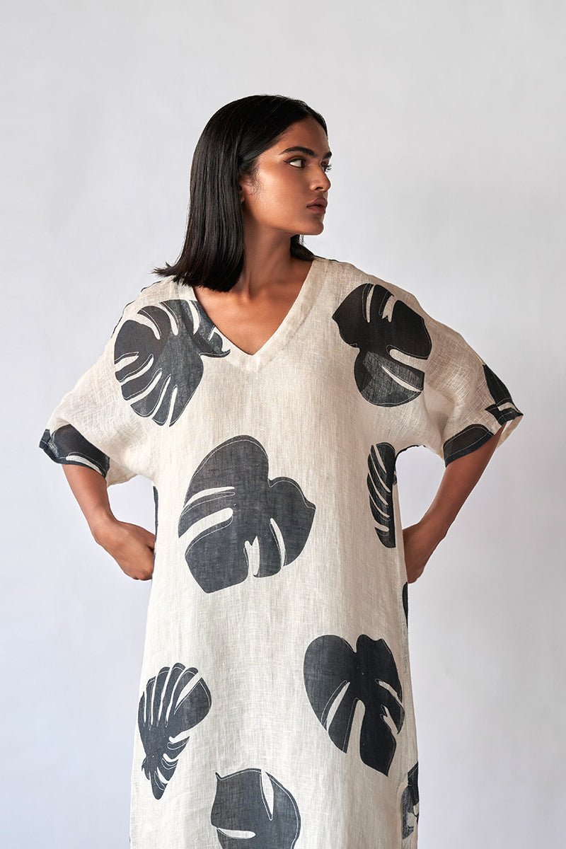 Women's Black and Tofu Leaf Printed Linen Co-ord Set