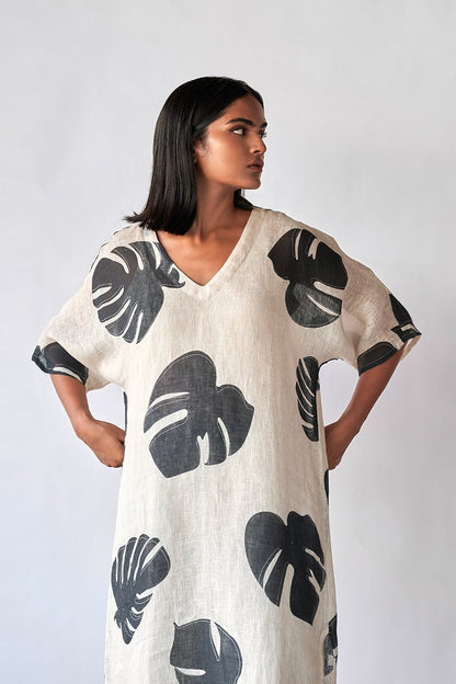 Women's Black and Tofu Leaf Printed Linen Co-ord Set