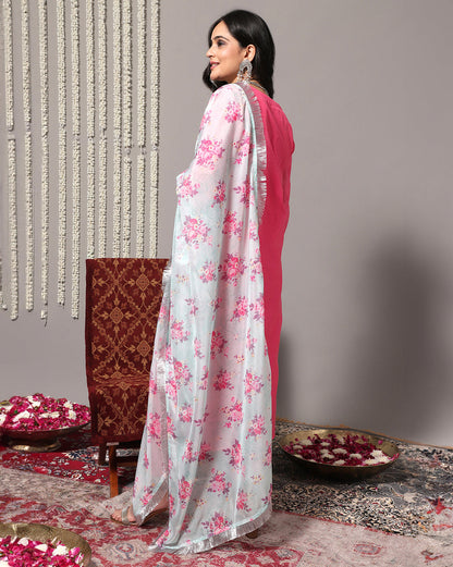 Dhiyona VR Women's Pink Floral Embroidered Regular Chanderi Silk Kurta With Trousers & With Dupatta