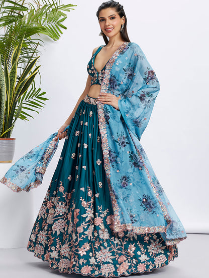 Women Teal Pure Georgette Sequins and thread embroidery  Lehenga choli & Dupatta