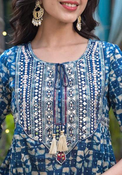 Dhiyona VR Women's Blue Mirror Work Yoke Embroidered A-Line Kurta Paired With Tonal Afghan Bottom And With Dupatta
