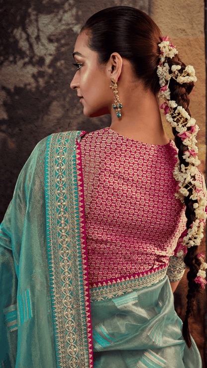Dhiyona KM Women Royal Radiance “ Blue Jacquard Silk Saree With Rich Red Border