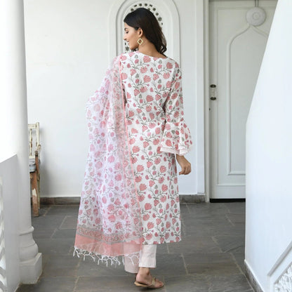 Women White Floral Print Pure Cotton Kurta And Pant Set