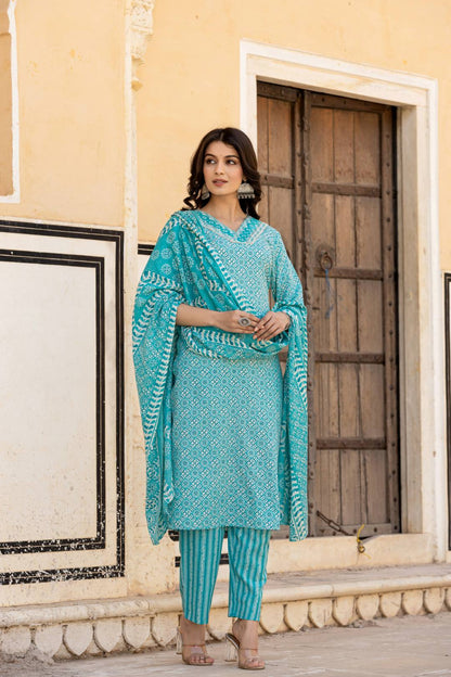 Dhiyona VR Women's Blue V Neck Thread Embroidered Kurta Paired With Printed Bottom And Dupatta