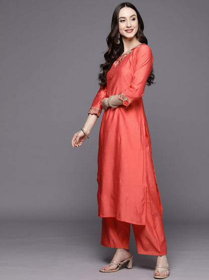 Dhiyona IE Women Pink Floral Embroidered Sequinned Liva Kurta With Palazzos & Dupatta