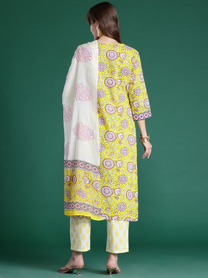 Dhiyona IE Floral Printed Pure Cotton Kurta with Trousers & Dupatta