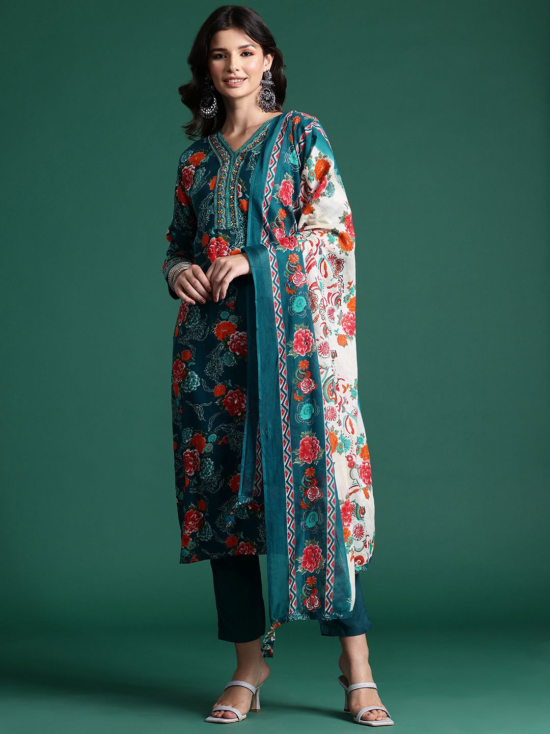 Dhiyona IE Floral Printed Mirror Work Kurta with Trousers & With Dupatta