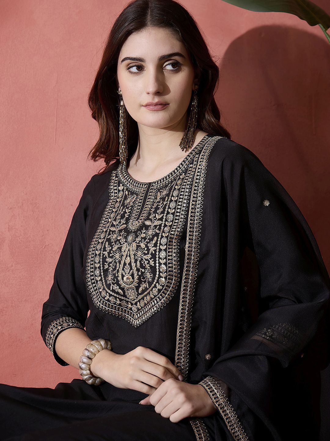 Dhiyona SN Women's Floral Embroidered Round Neck A-Line Kurta With Trousers & Dupatta
