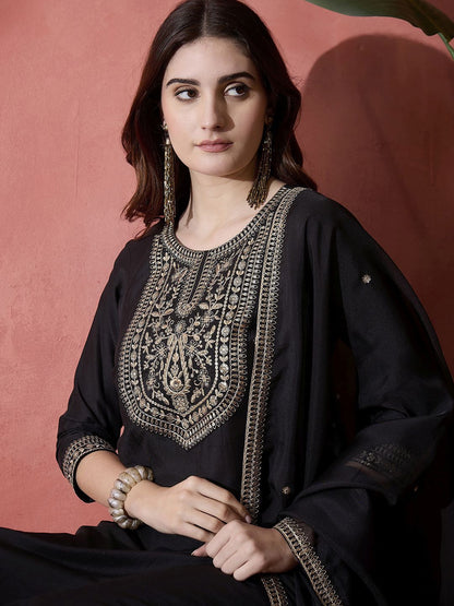 Dhiyona SN Women's Floral Embroidered Round Neck A-Line Kurta With Trousers & Dupatta