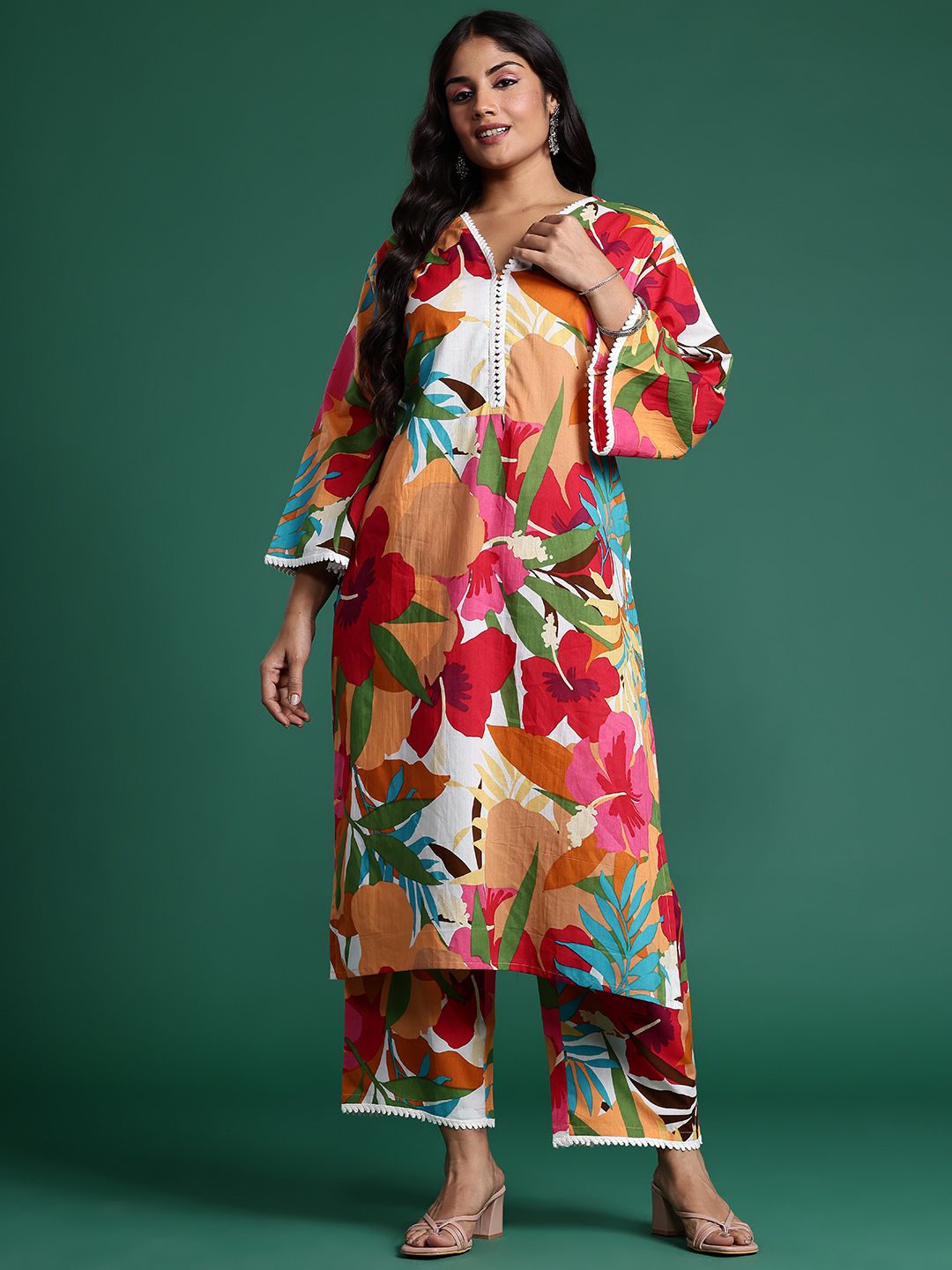 Dhiyona IE Plus Size Floral Printed Pure Cotton Kurta with Trousers
