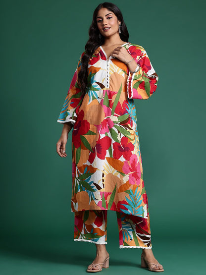 Dhiyona IE Plus Size Floral Printed Pure Cotton Kurta with Trousers
