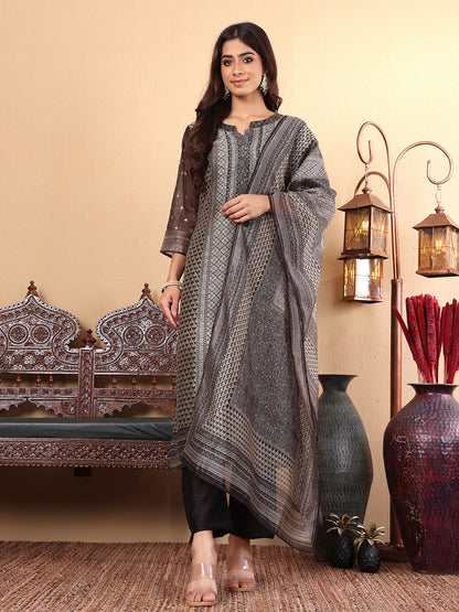 Dhiyona VA Women'sEthnic motifs Printed Chanderi Silk Straight Kurta with Trousers & Dupatta