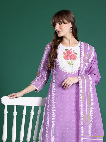 Dhiyona IE Floral Printed Regular Pure Cotton Kurta with Trousers & Dupatta
