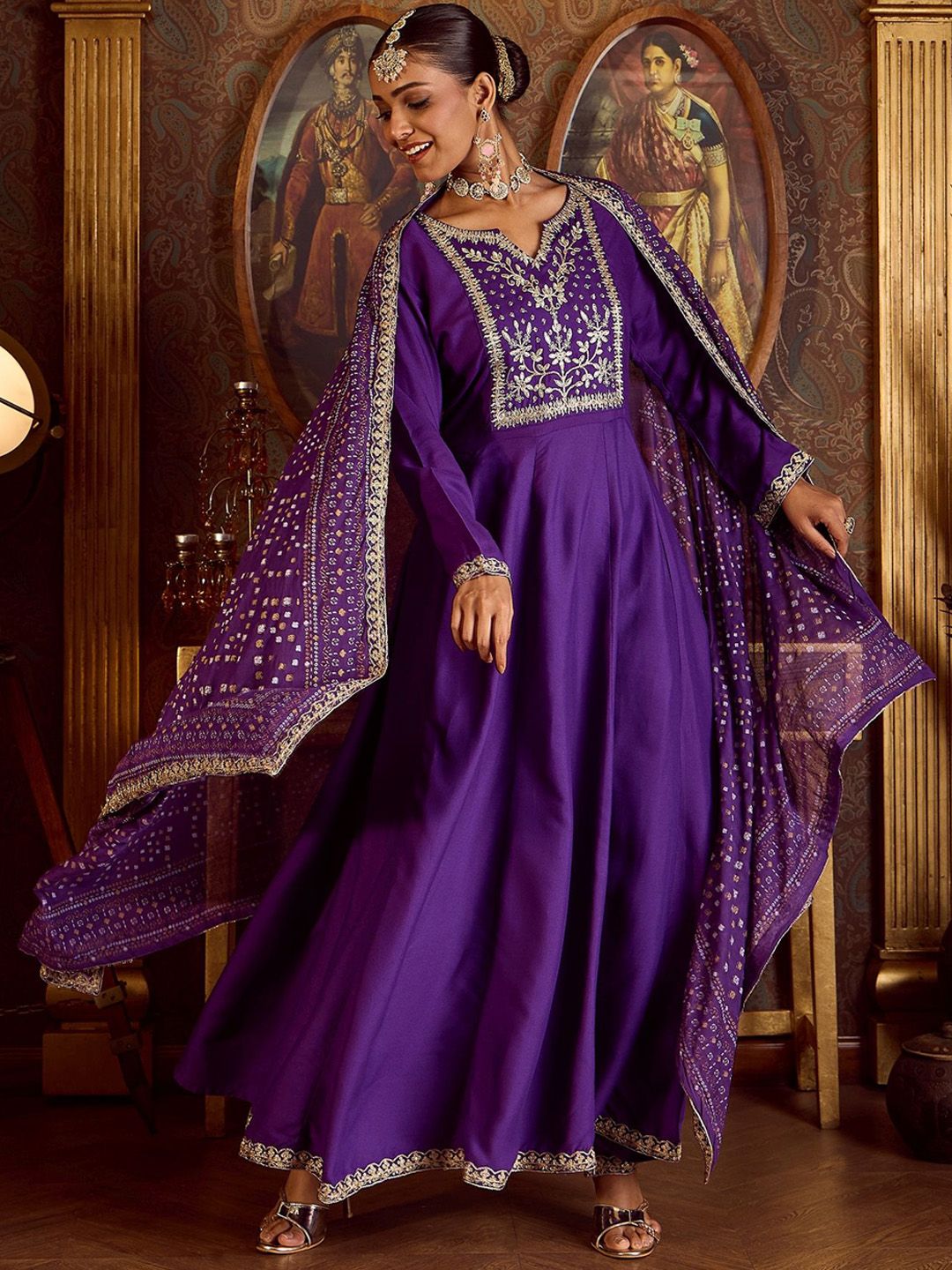 Women Embroidered Empire Kurta with Trousers & With Dupatta