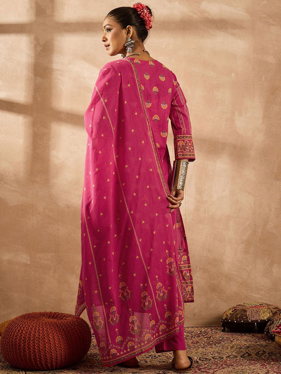 Dhiyona IE Women Floral Printed Panelled Mirror Work Pure Cotton Kurta with Trousers & With Dupatta