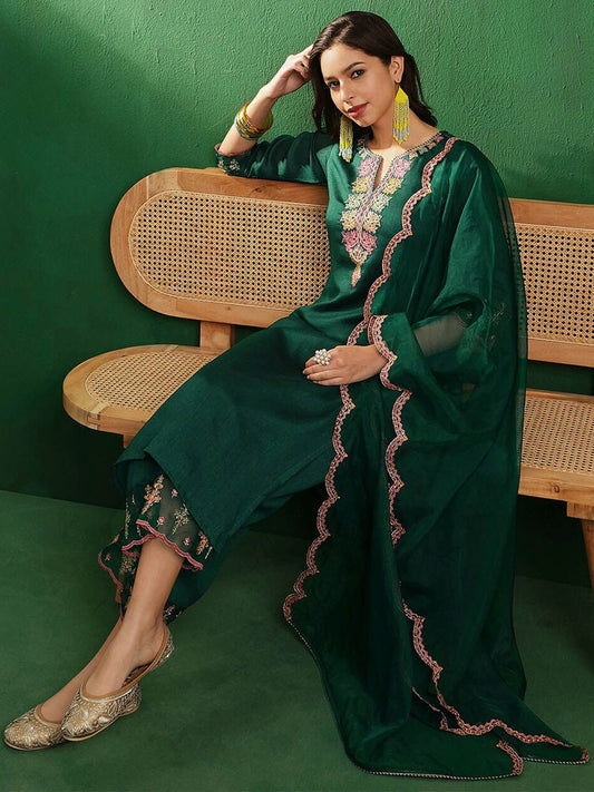Dhiyona SN Women's Teal Green & Pink Embroidered Straight Kurta With Palazzos & Dupatta