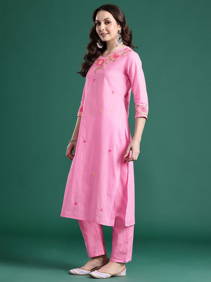 Floral Embroidered Pure Cotton Kurta with Trousers & Dupatta