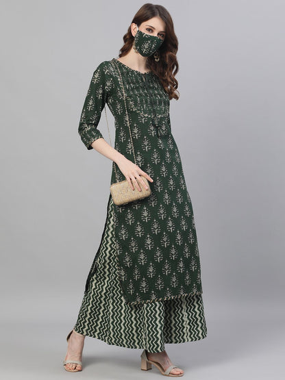 Dhiyona IS Women's Women Olive Green Beige Printed Tuck Detailed Kurta Palazzos