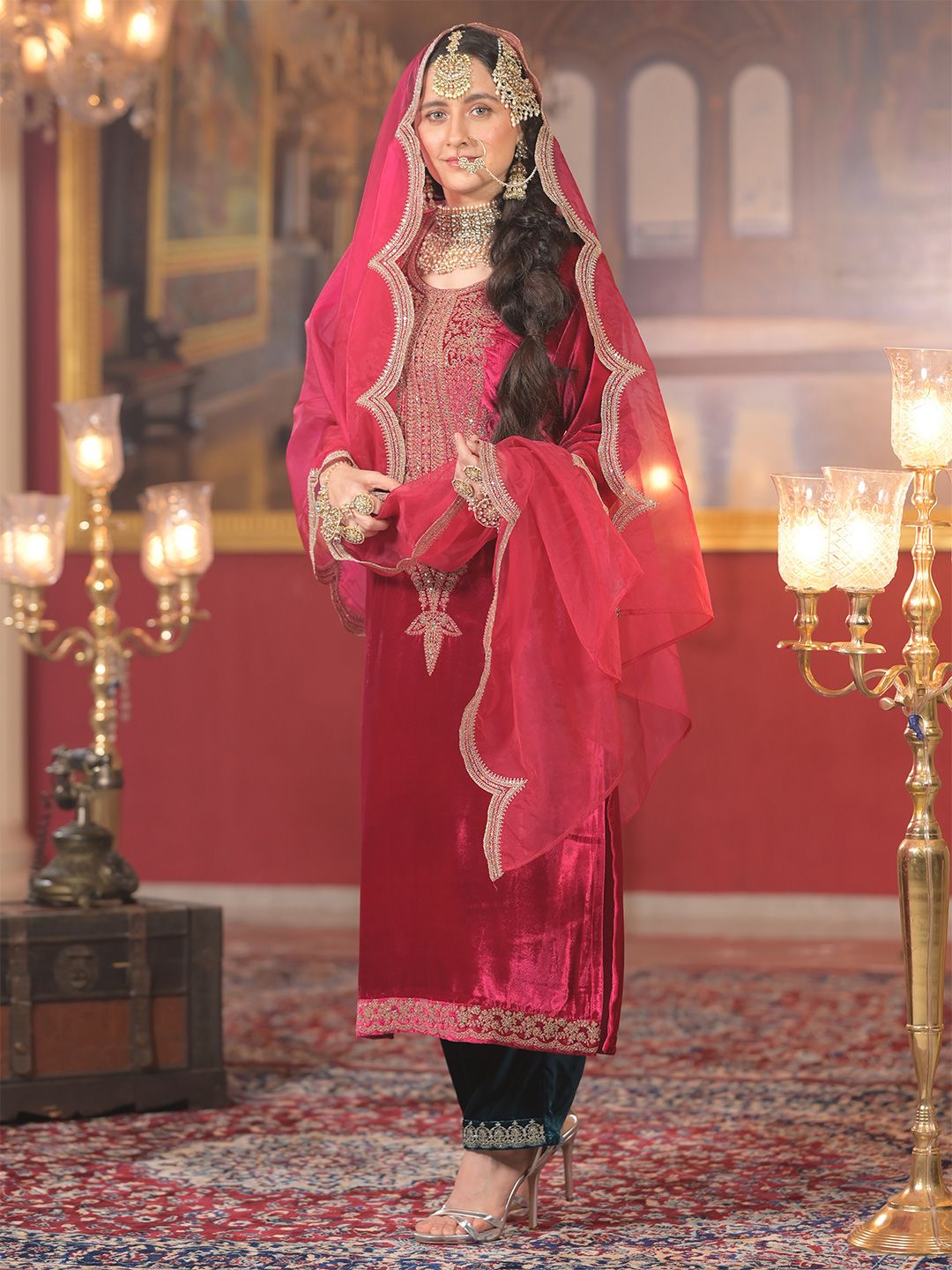 Ethnic Motifs Embroidered Sequinned Velvet Kurta With Trousers & Dupatta