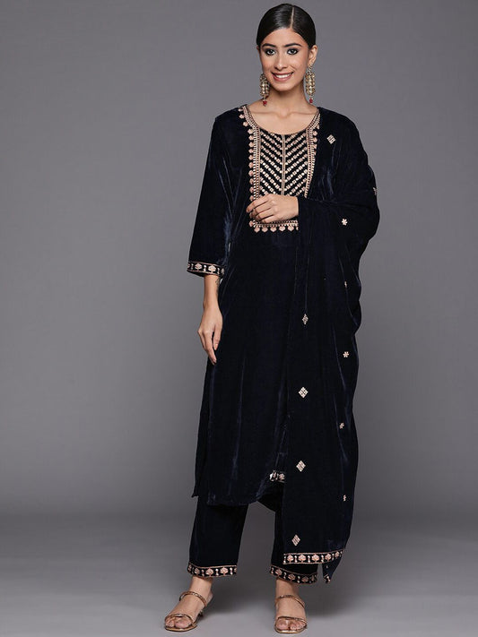 Dhiyona VA Women's Winter Velvet Embroidered Kurta with Trousers & With Dupatta