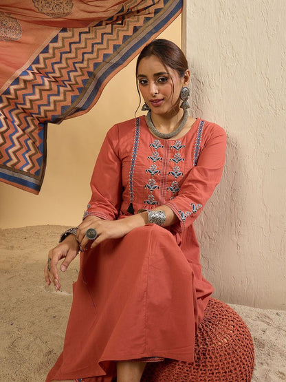 Women Floral Embroidered Regular Pure Cotton Kurta with Trousers & Dupatta