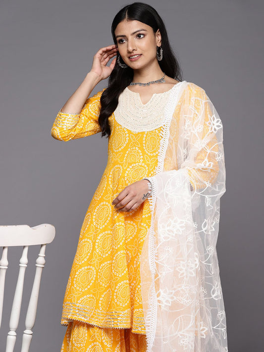 Dhiyona VA Women'sBandhani Printed Gotta Patti Pure Cotton Kurta With Sharara & With Dupatta
