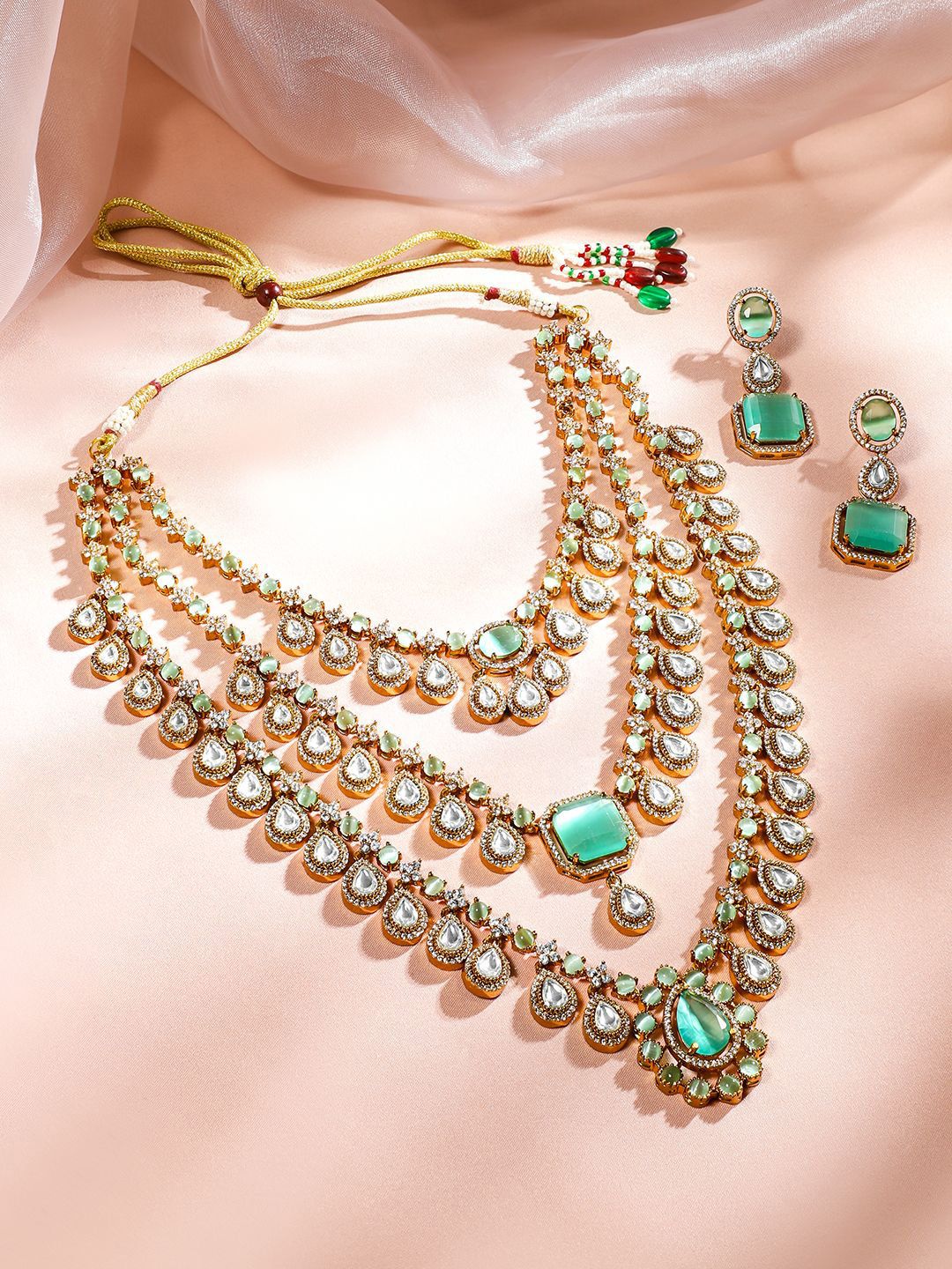 Dhiyona RJ Women's 24K Gold-Plated Pastel Green & AAA Cubic Zirconia Multi-Layer Bridal Necklace Set