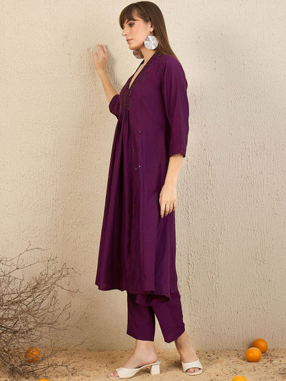 Embroidered Panelled Sequinned A-Line Kurta with Trousers