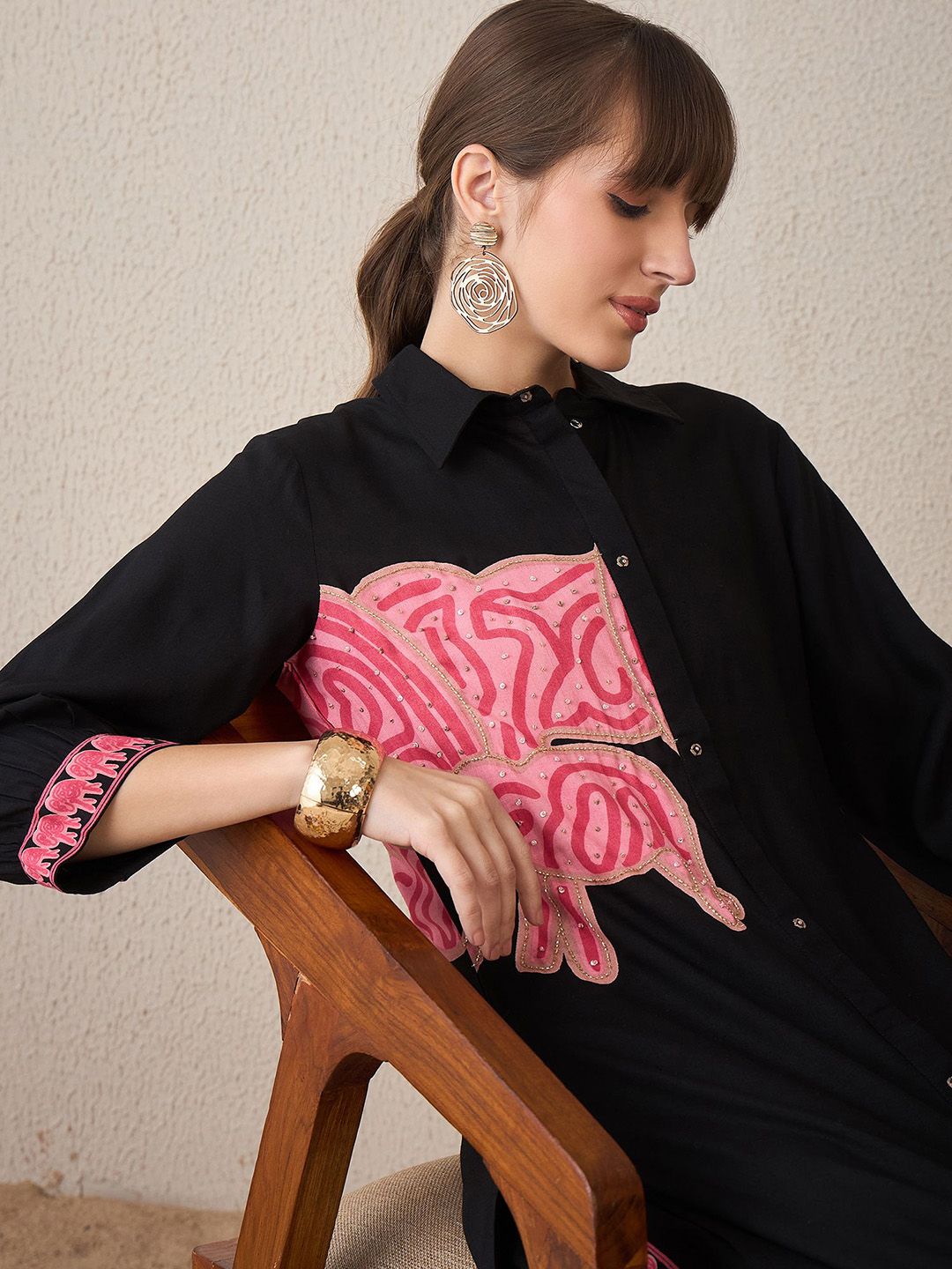 Dhiyona IE Printed Shirt Collar Straight Tunic With Trouser
